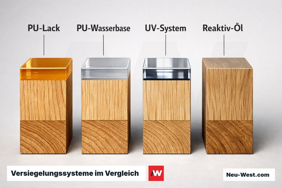 Versiegelungssysteme im Vergleich: Härte, VOC und Reparierbarkeit – Erklär-Grafik (NEUWEST Berlin)