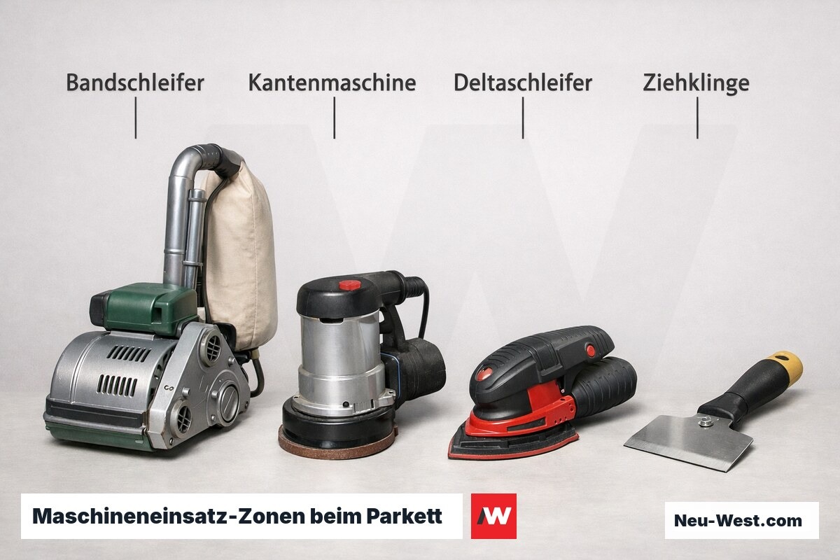 Maschineneinsatz-Zonen beim Parkett schleifen – Erklär-Grafik (NEUWEST Berlin)