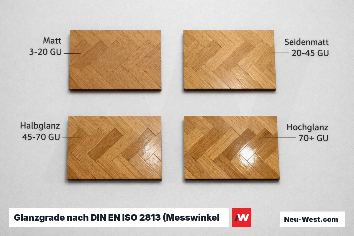 Glanzgrade nach DIN EN ISO 2813 (Messwinkel 60 Grad) – Erklär-Grafik (NEUWEST Berlin)