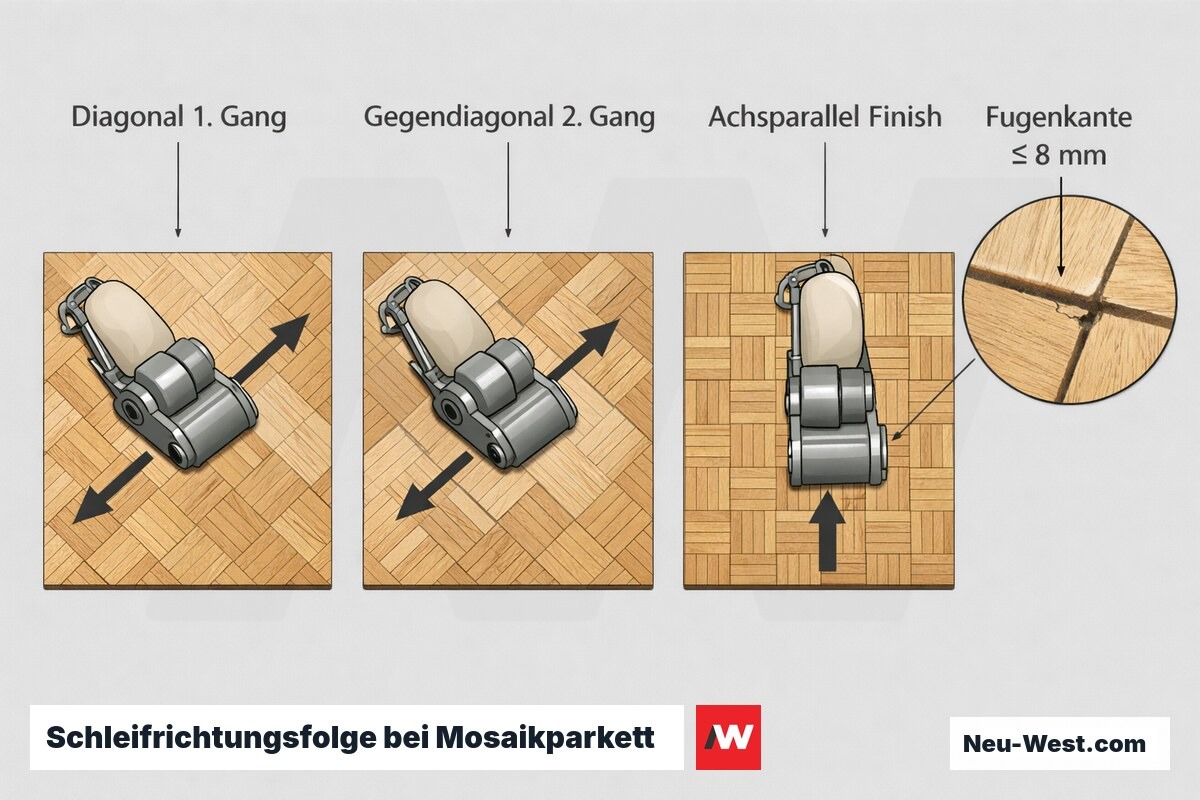 Erklär-Grafik: Dreistufige Schleifrichtungsfolge für schmalfugiges Mosaikparkett – diagonal, gegendiagonal, achsparallel – zum Schutz vor Kantenabplatzungen.