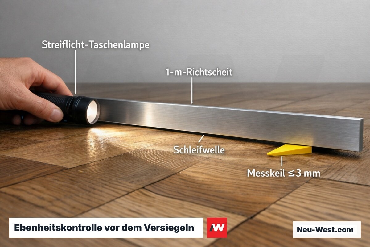 Erklär-Grafik: Streiflicht-Kontrolle mit Taschenlampe und 1-m-Richtscheit quer zur Maserung, Messkeil zeigt Ebenheitsabweichung nach DIN 18202.