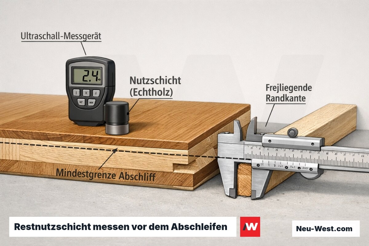 Querschnitt eines Fertigparkett-Bretts mit Ultraschall-Dickenmessung und Direktmessung der Nutzschicht an der freiliegenden Randkante samt Mindestgrenze.