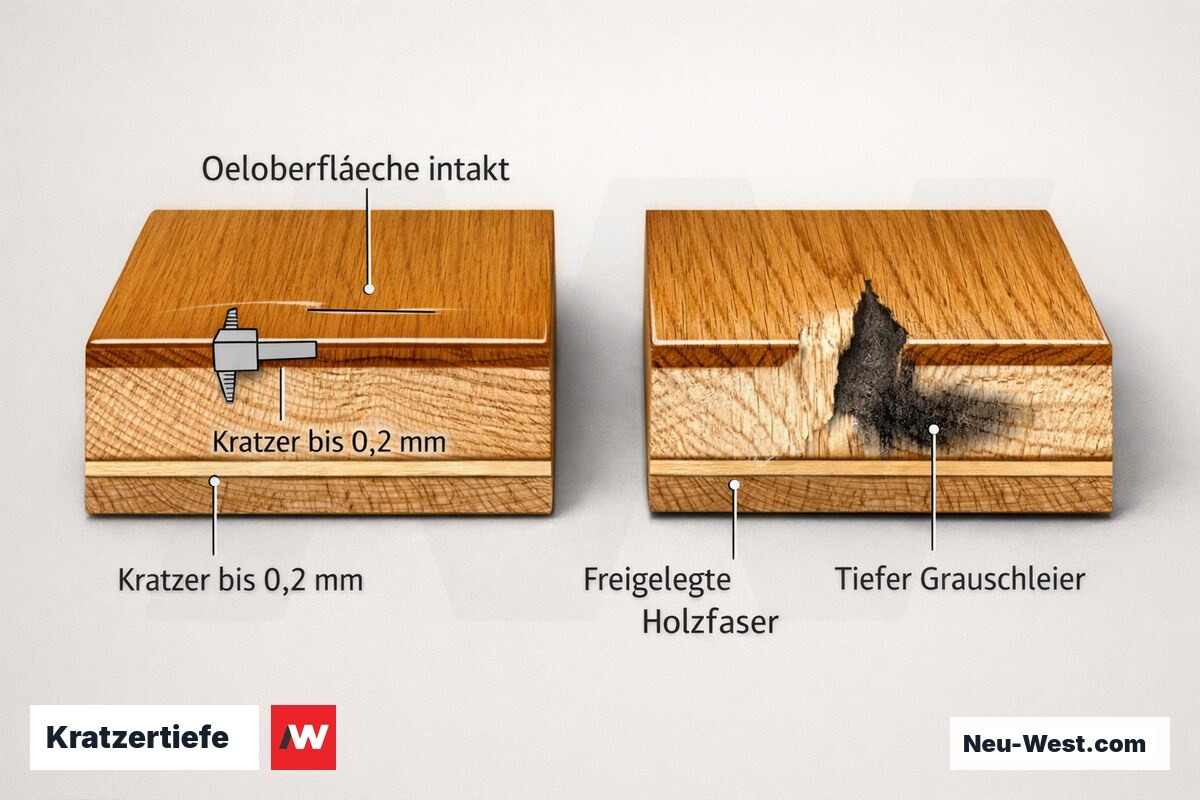 Querschnitt zweier Parkett-Muster: flacher Kratzer in intakter Ölschicht gegenüber tiefem Kratzer mit freigelegter Holzfaser und Grauschleier.