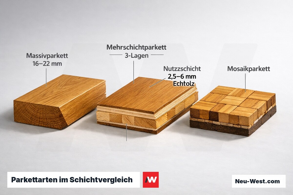 Querschnitt von Massivparkett, Mehrschichtparkett und Mosaikparkett zeigt innere Schichtstruktur und Materialstärken im Vergleich.
