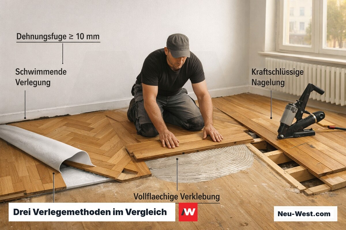 Drei Parkettverlegemethoden in einem Raum: schwimmend mit Trittschalldämmung, vollflächig geklebt und genagelt auf Holzunterkonstruktion.