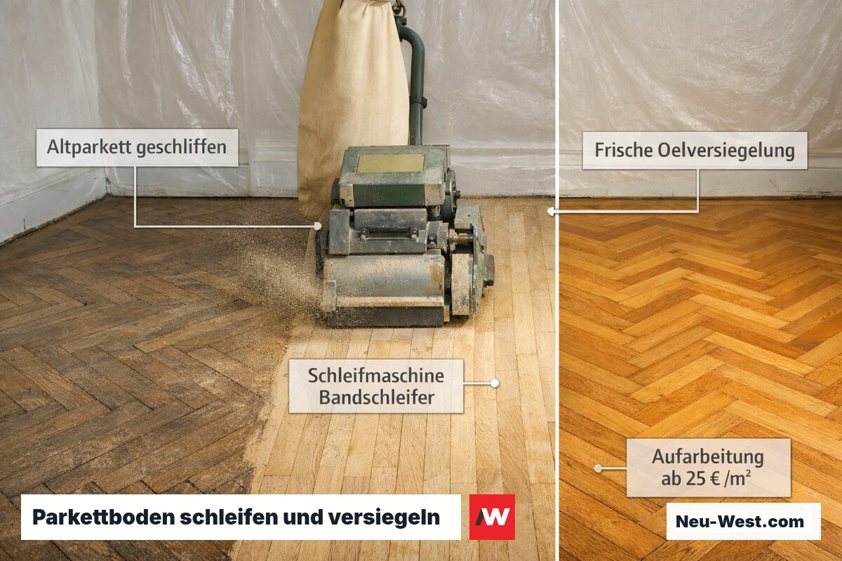 Dreistufige Altparkett-Aufarbeitung: beschädigter Altboden, laufender Schleifvorgang mit Bandschleifer, fertig geölter restaurierter Parkettboden.
