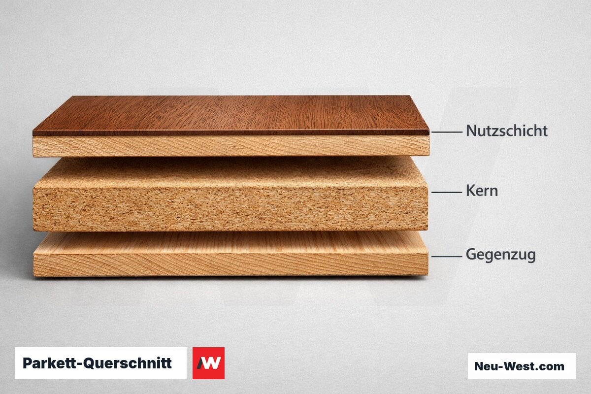 Parkett-Querschnitt: Lagenaufbau und Schleiffähigkeit – Erklär-Grafik (NEUWEST Berlin)