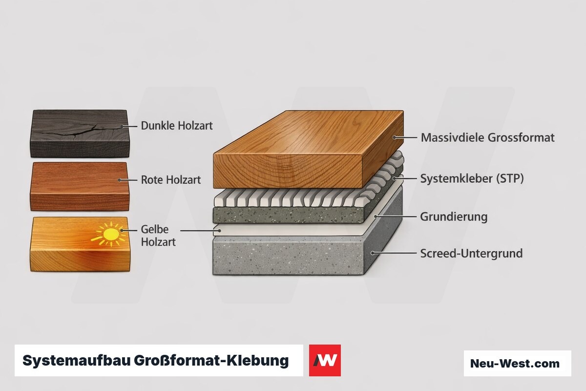 Querschnitt-Grafik einer geklebten Großformat-Massivdiele mit Systemaufbau aus Grundierung, STP-Kleber und Untergrund sowie drei kritischen Holzarten.