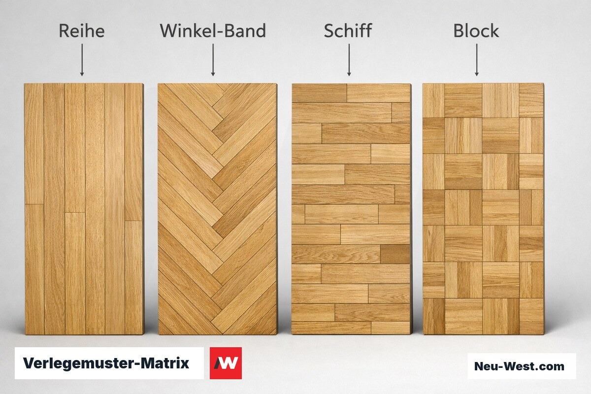 Verlegemuster-Matrix: Verschnitt und Verlegeaufwand im Vergleich – Erklär-Grafik (NEUWEST Berlin)