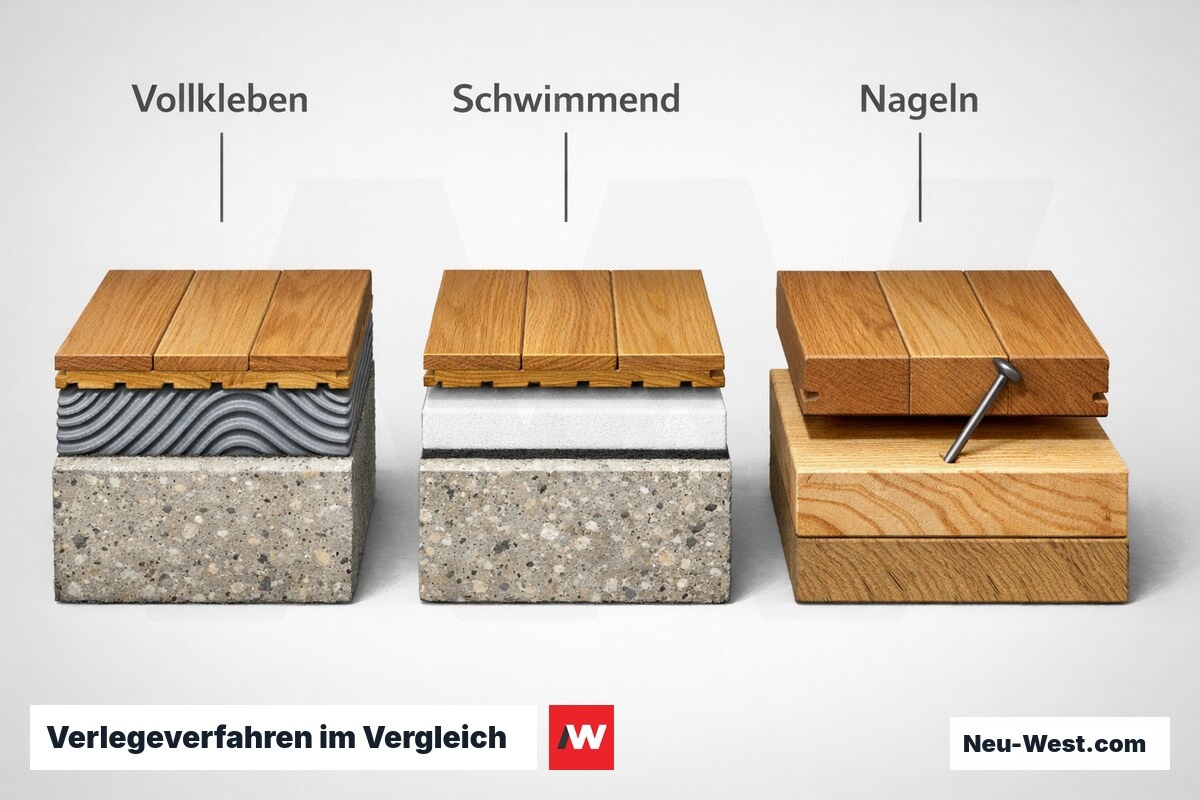 Verlegeverfahren im Vergleich: Kleben, Schwimmend, Nageln – Erklär-Grafik (NEUWEST Berlin)
