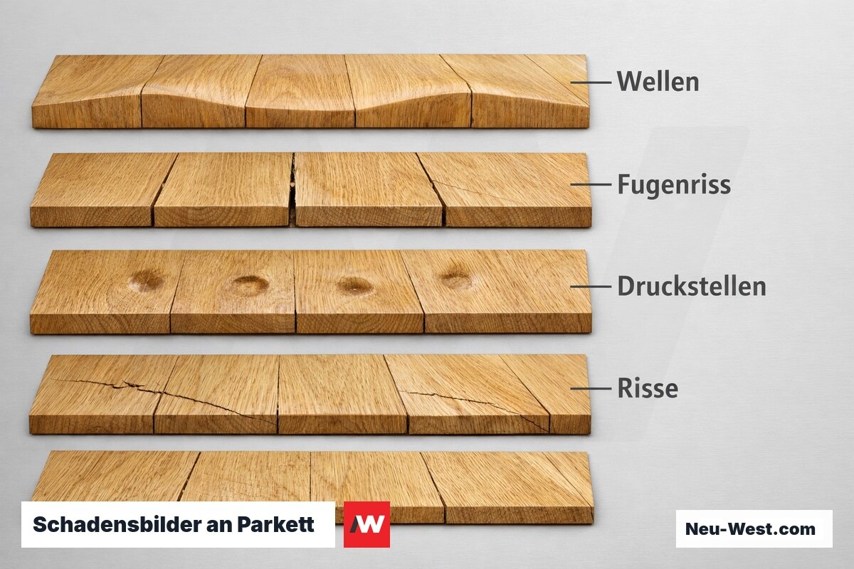 Schadensbilder an Parkett: Ursachen und Auslöser – Erklär-Grafik (NEUWEST Berlin)