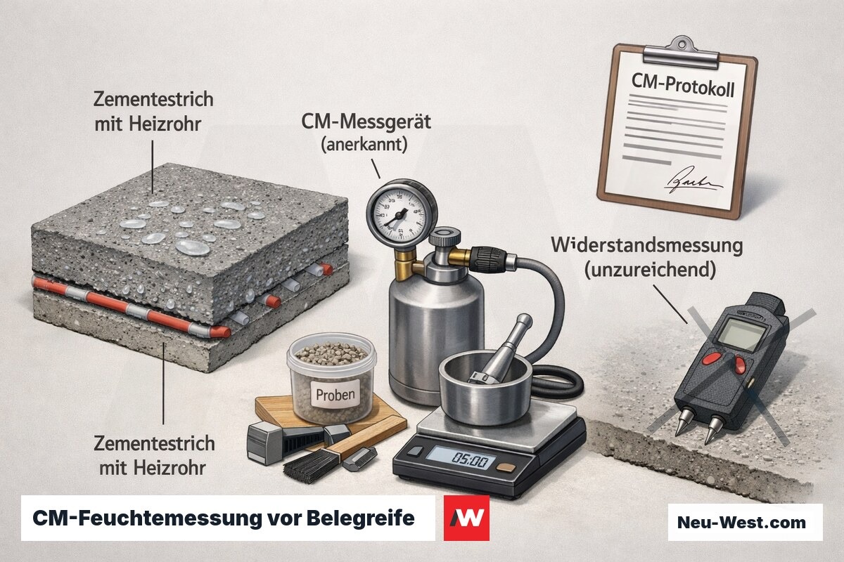 Querschnitt-Grafik: CM-Messgerät prüft Restfeuchte im Heizestrich, Widerstandsmessung unzureichend, dokumentiertes CM-Protokoll für Belegreife.