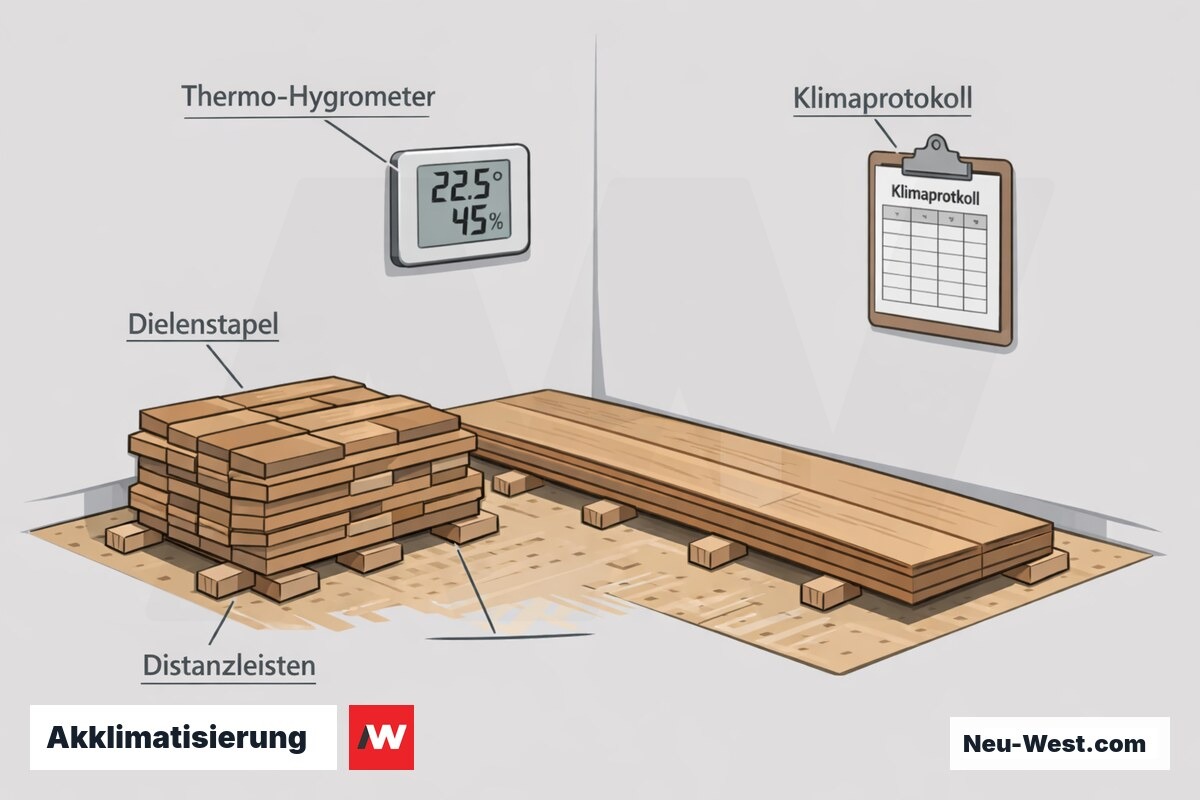 Erklaer-Illustration eines Lagerraums mit gestapelten Dielen, Distanzleisten, Thermo-Hygrometer und Klimaprotokoll fuer die Akklimatisierung vor der Verlegung.