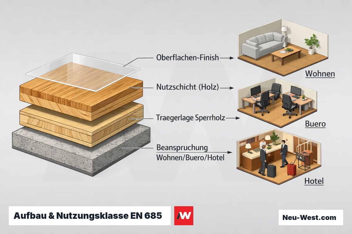 Querschnitt eines Mehrschicht-Parketts mit Nutzschicht, Finish und Trägerlage sowie Beanspruchungsstufen für Wohnen, Büro und Hotel nach EN 685.