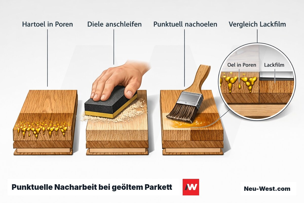 Erklär-Grafik: geöltes Parkett wird punktuell angeschliffen und nachgeölt, Hartöl dringt in Poren ein, Vergleich zum Lackfilm.