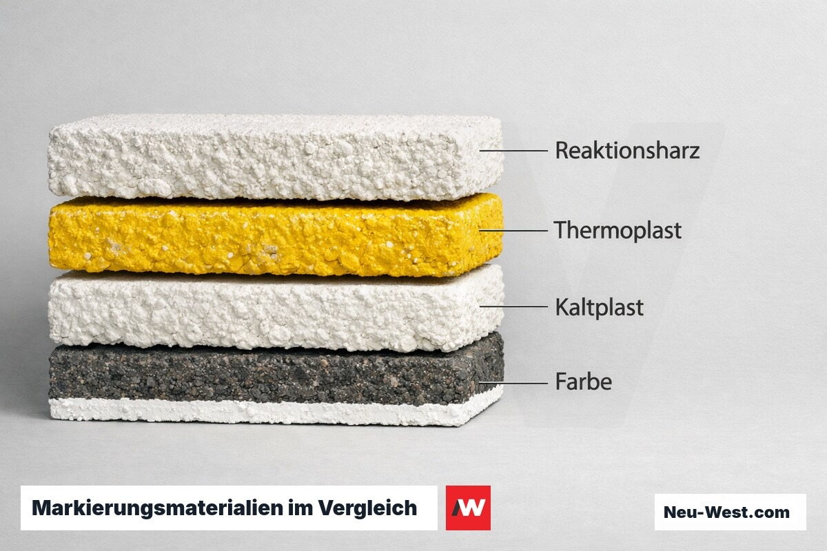 Markierungsmaterialien im Vergleich: Schichtdicke, Reflexionsklasse und Standzeit – Erklär-Grafik (NEUWEST Berlin)