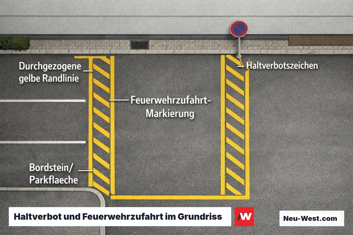 Grundriss einer Feuerwehrzufahrt mit durchgezogener gelber Randlinie, Zickzack-Markierung, aufgestelltem Haltverbotszeichen und angrenzenden Parkflächen.