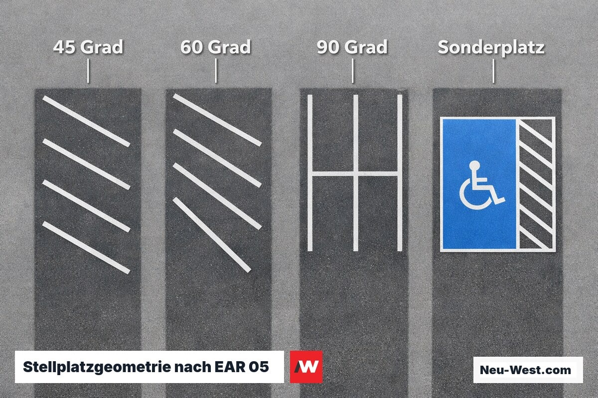Stellplatzgeometrie nach EAR 05: Aufstellwinkel und Regelabmessungen im Vergleich – Erklär-Grafik (NEUWEST Berlin)