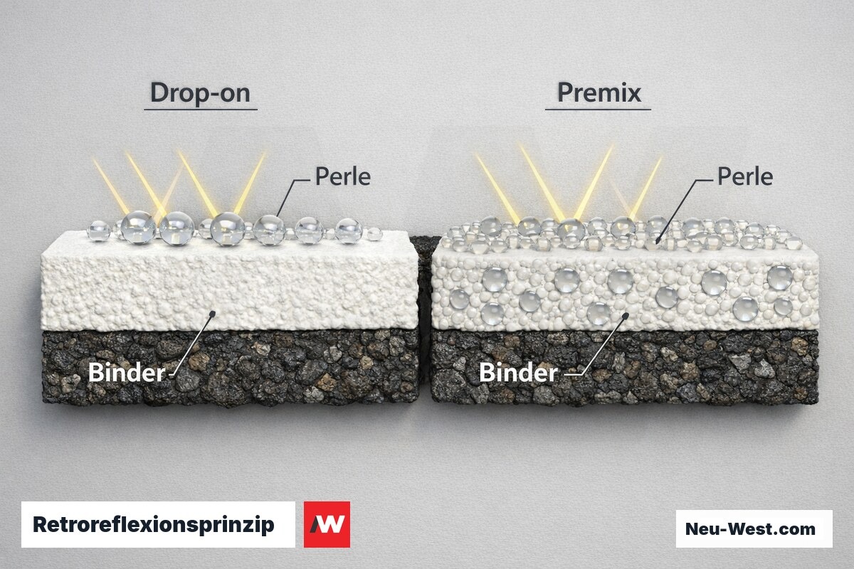 Retroreflexionsprinzip: Drop-on- vs. Premix-Glasperlen nach DIN EN 1436 – Erklär-Grafik (NEUWEST Berlin)