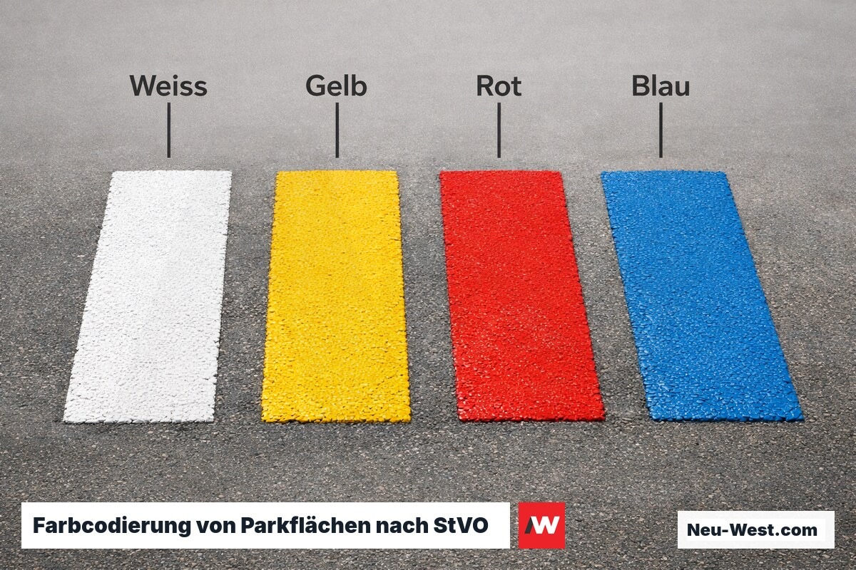 Farbcodierung von Parkflächen nach StVO und VwV-StVO: Bedeutung und Kombinationsverbote – Erklär-Grafik (NEUWEST Berlin)