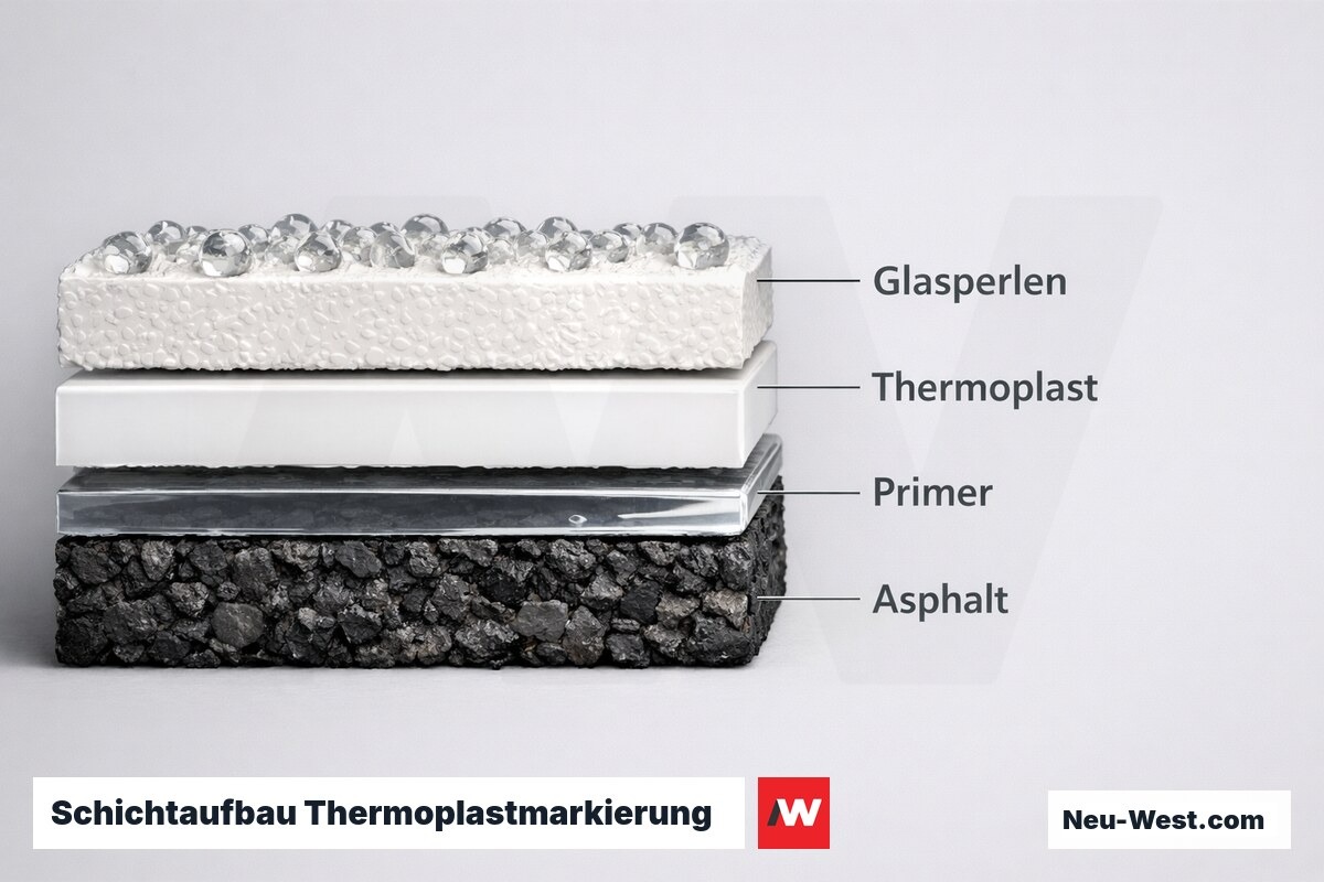 Schichtaufbau Thermoplastmarkierung: Primer, Extrusion und Drop-on-Glasung – Erklär-Grafik (NEUWEST Berlin)