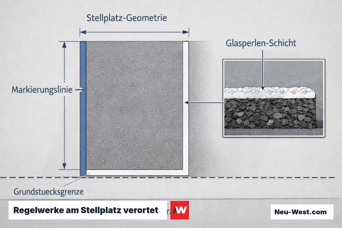 Technische Draufsicht eines Stellplatzes mit Bemaßung, Markierungslinie mit Glasperlen-Querschnitt und Grundstücksgrenze zwischen privat und öffentlich.