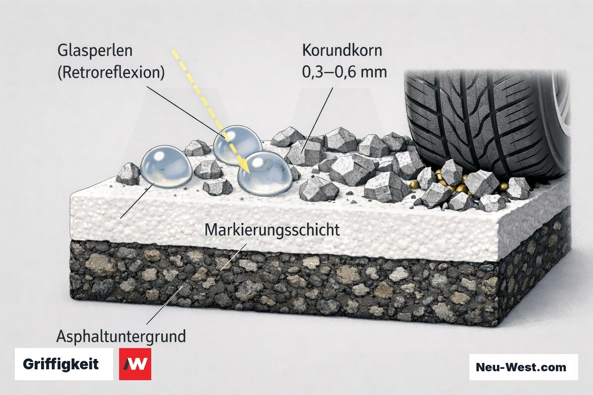 Querschnitt einer Fahrbahnmarkierung: runde Glasperlen für Retroreflexion und kantige Korundkörner für Rutschhemmung in der Markierungsschicht auf Asphalt.