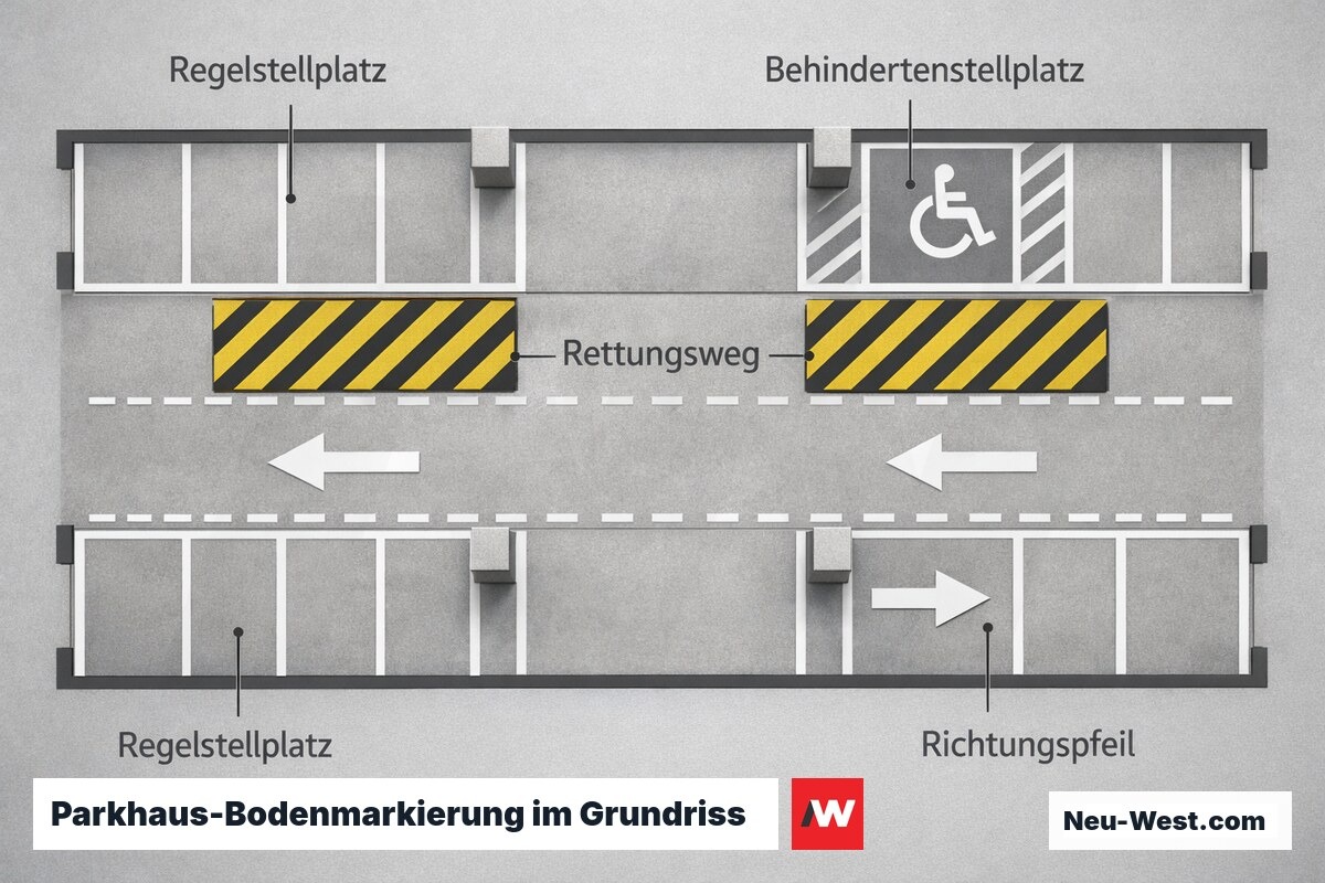 Grundriss-Schema eines Parkhaus-Geschosses mit farblich getrennten Stellplaetzen, Richtungspfeilen und markiertem Rettungsweg.