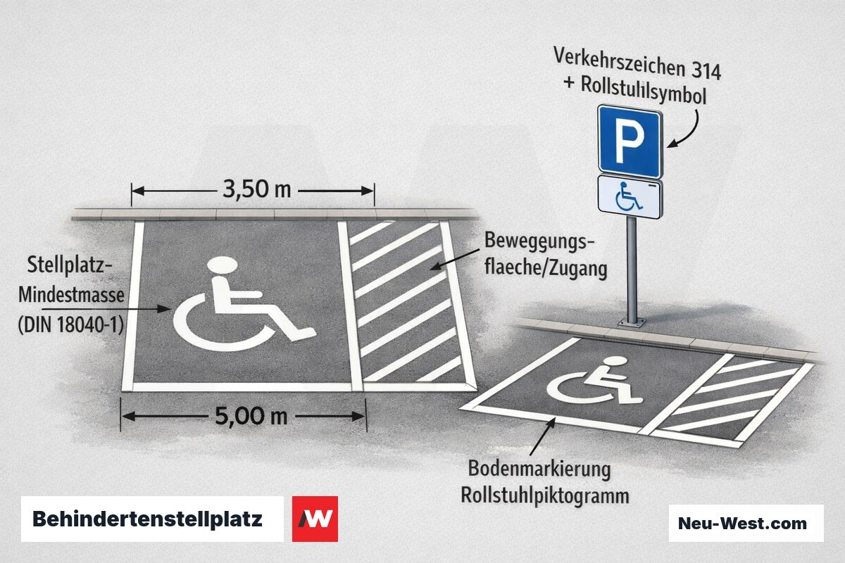 Erklär-Illustration eines Behindertenstellplatzes mit Verkehrszeichen 314, Rollstuhlsymbol, Bodenmarkierung und Mindestmaßen nach DIN 18040-1.