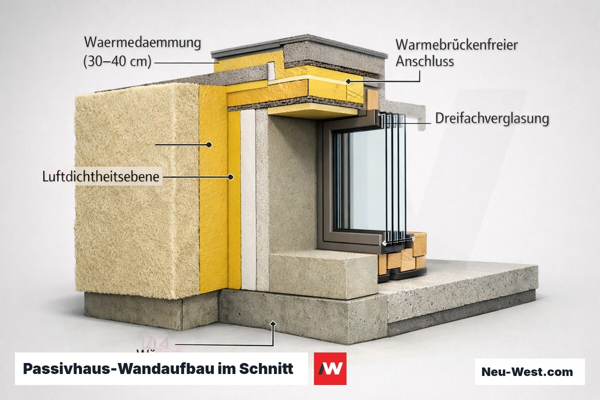 Technischer Querschnitt eines Passivhaus-Wandaufbaus mit Dämmschichten, Dreifachverglasung und luftdichter Gebäudehülle