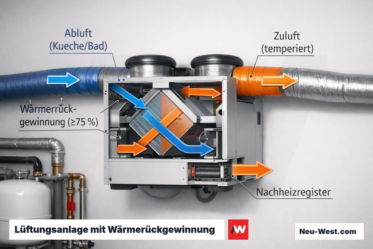 Kompakte Lüftungsanlage im Passivhaus mit sichtbarem Wärmetauscher, Zu- und Abluftführung und Nachheizregister