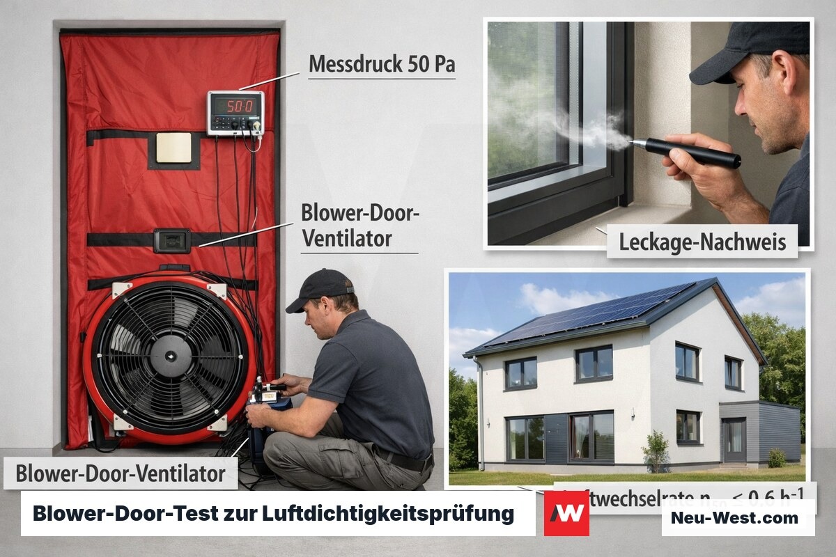 Blower-Door-Test am Passivhaus: Ventilator im Türrahmen misst Luftdichtigkeit der Gebäudehülle bei 50 Pascal Überdruck