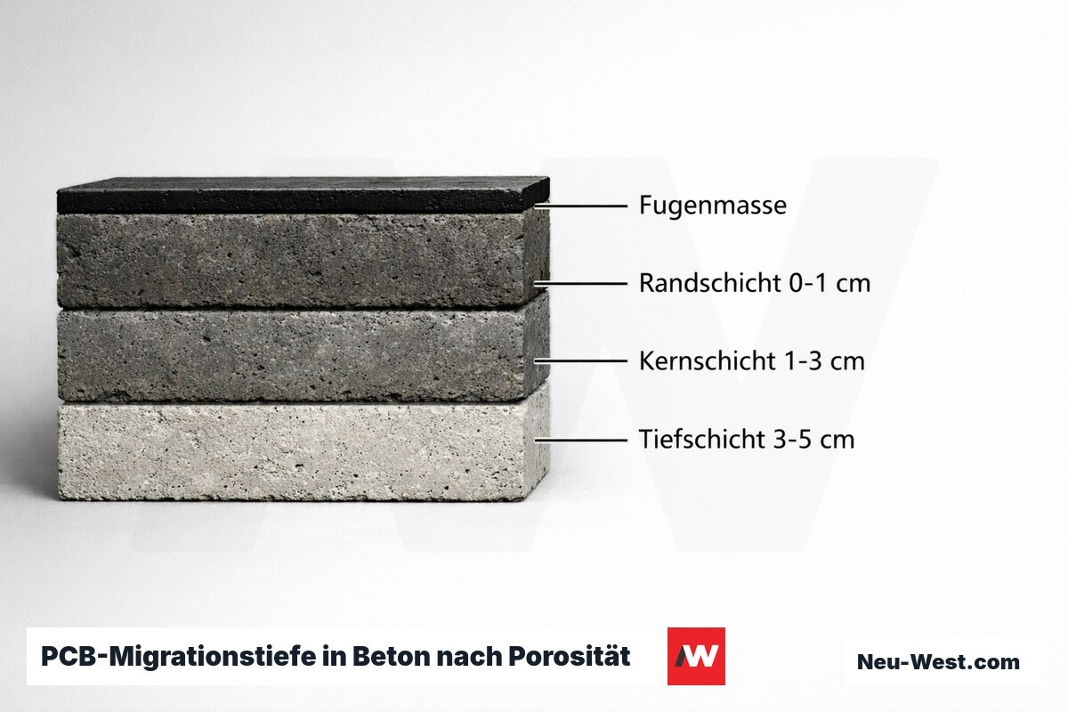 PCB-Migrationstiefe in Beton nach Porosität und Expositionsdauer – Erklär-Grafik (NEUWEST Berlin)
