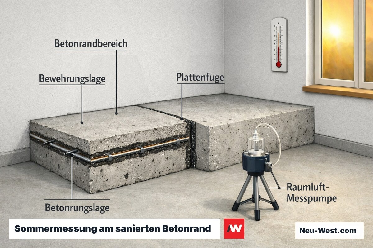 Querschnitt eines sanierten Betonrandbereichs mit Bewehrungslage, Plattenfuge und Raumluft-Messpumpe zur Sommer-Kontrollmessung nach PCB-Sanierung.