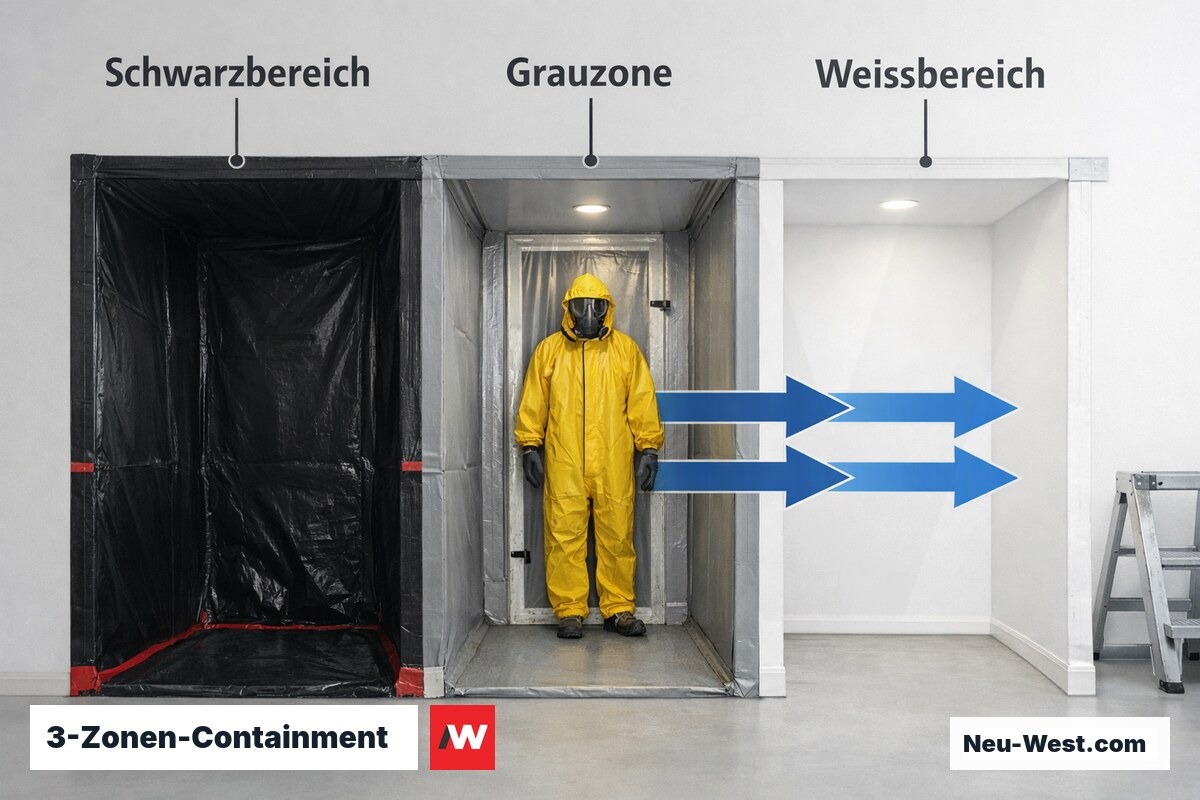 3-Zonen-Containment: Schwarzbereich, Grauzone und Weißbereich mit Unterdruckprinzip – Erklär-Grafik (NEUWEST Berlin)
