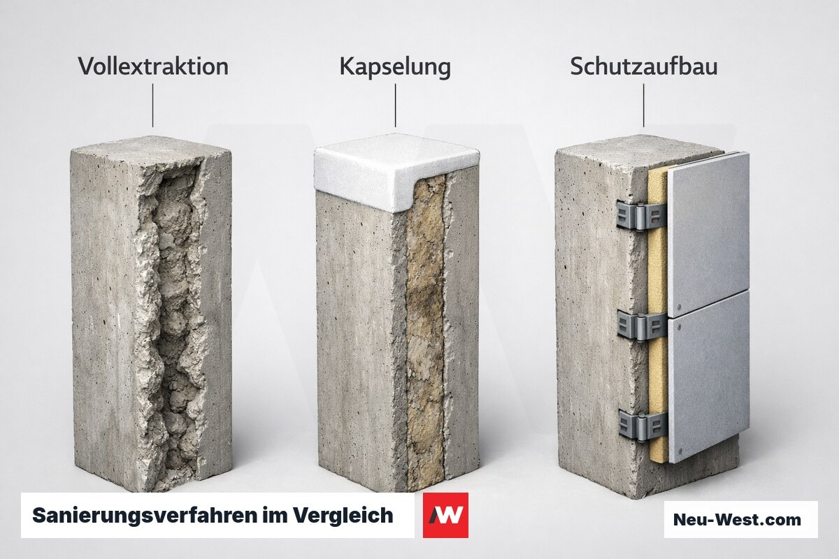 Sanierungsverfahren im Vergleich: Vollextraktion, Kapselung, Schutzaufbau – Erklär-Grafik (NEUWEST Berlin)