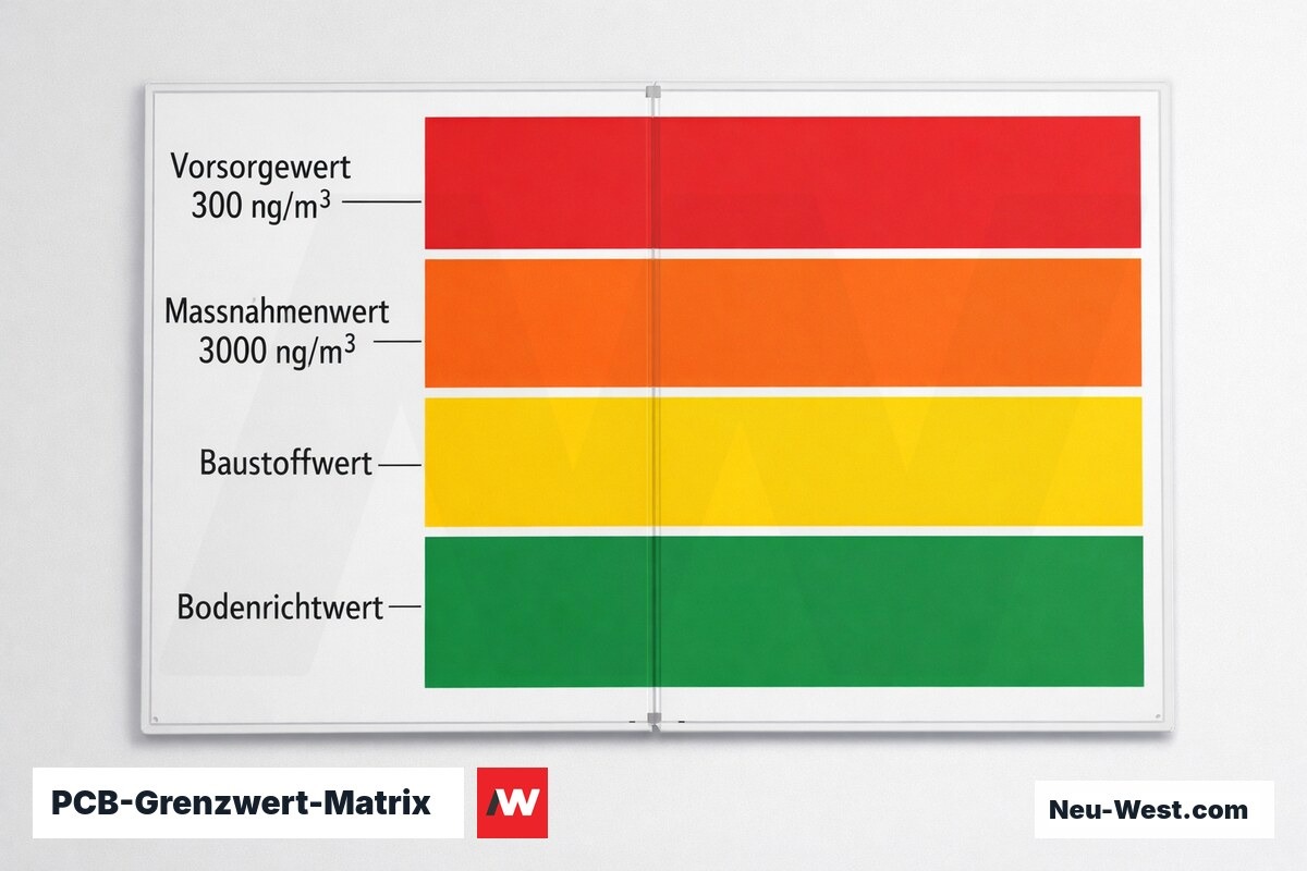 PCB-Grenzwert-Matrix: Raumluft-, Baustoff- und Bodenwerte im Vergleich – Erklär-Grafik (NEUWEST Berlin)