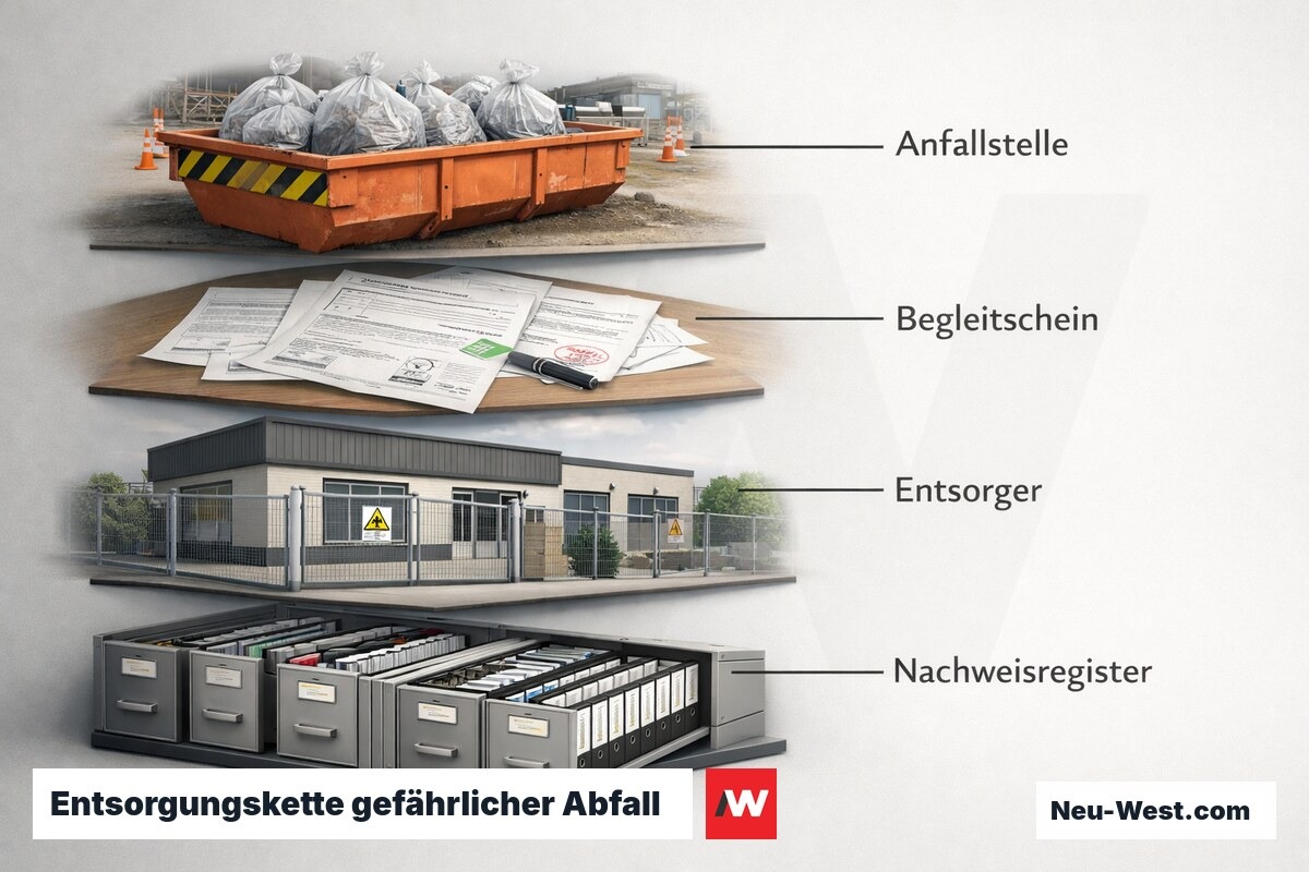 Entsorgungskette gefährlicher Abfall: AVV 17 09 02* bis Nachweisregister – Erklär-Grafik (NEUWEST Berlin)
