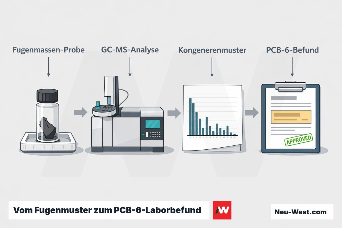 Erklaer-Grafik: Analyseweg einer Fugenmassen-Probe ueber GC-MS und Kongenerenmuster bis zum massgeblichen PCB-6-Laborbefund.