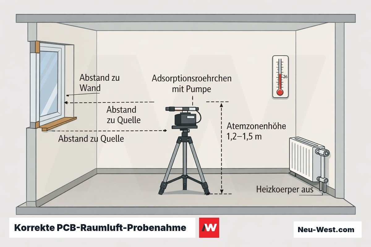 Querschnitt eines Raums mit PCB-Probenahmegerät auf Stativ in Atemzonenhöhe, mit Abständen zu Wand und Quelle sowie abgeschaltetem Heizkörper.