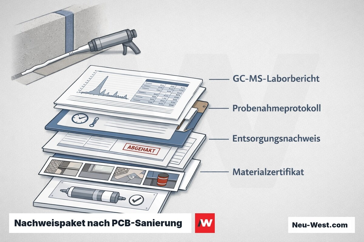 Erklaer-Illustration des Nachweispakets nach PCB-Sanierung: Laborbericht, Probenahmeprotokoll, Entsorgungsnachweis und Materialzertifikat als getrennte Dokumente.