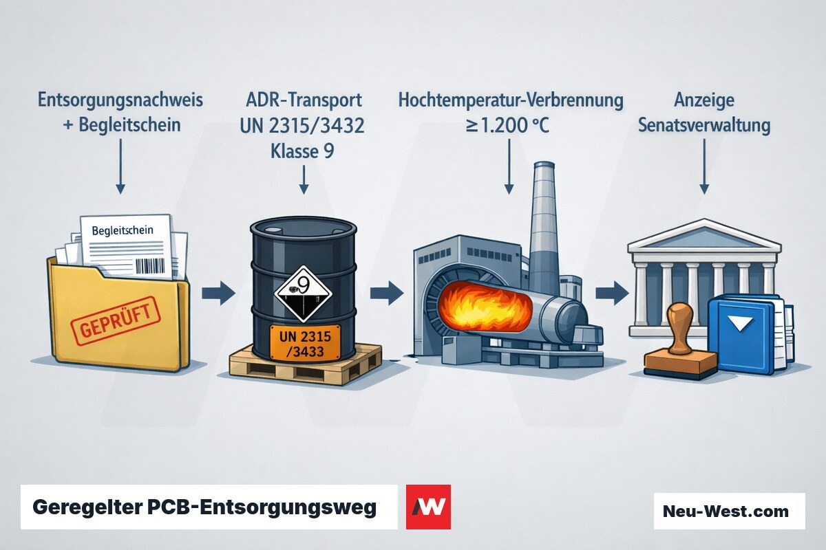 Erklär-Grafik des rechtlich geregelten PCB-Entsorgungswegs: Entsorgungsnachweis, ADR-Gefahrguttransport, Hochtemperaturverbrennung und behördliche Anzeige.