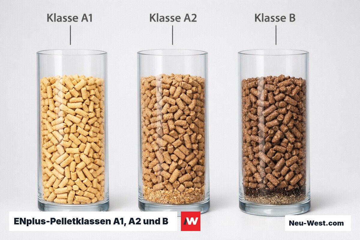 ENplus-Pelletklassen A1, A2 und B — Qualitätsvergleich – Erklär-Grafik (NEUWEST Berlin)