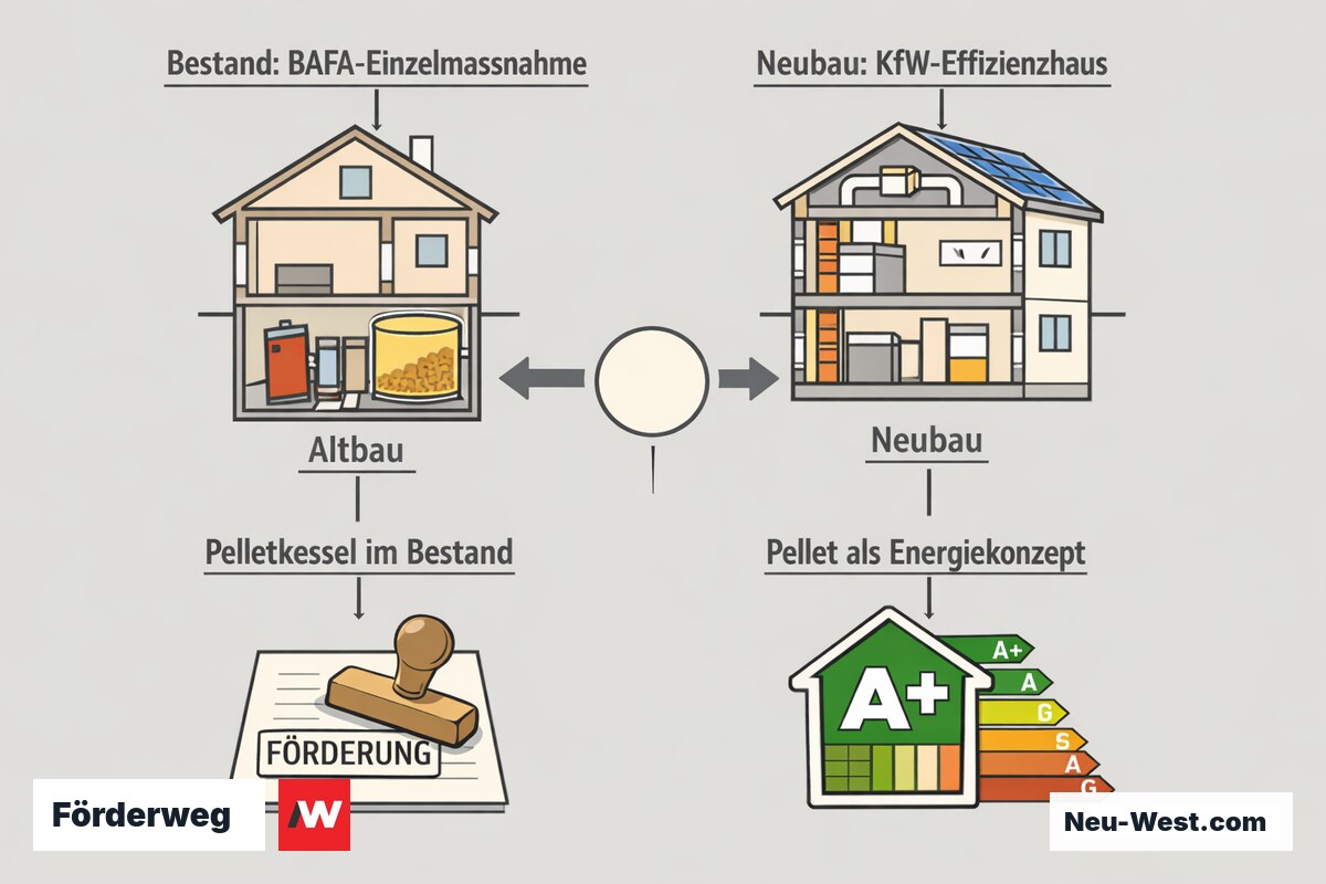 Erklär-Grafik: Pelletheizung im Bestand führt zur BAFA-Einzelmaßnahmenförderung, im Neubau nur zur KfW-Effizienzhaus-Förderung.