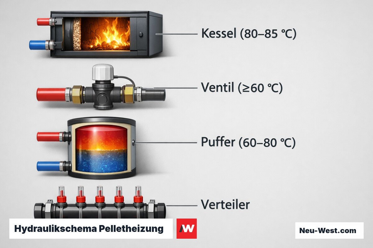 Hydraulikschema Pelletheizung — Mindesttemperaturen je Knotenpunkt – Erklär-Grafik (NEUWEST Berlin)