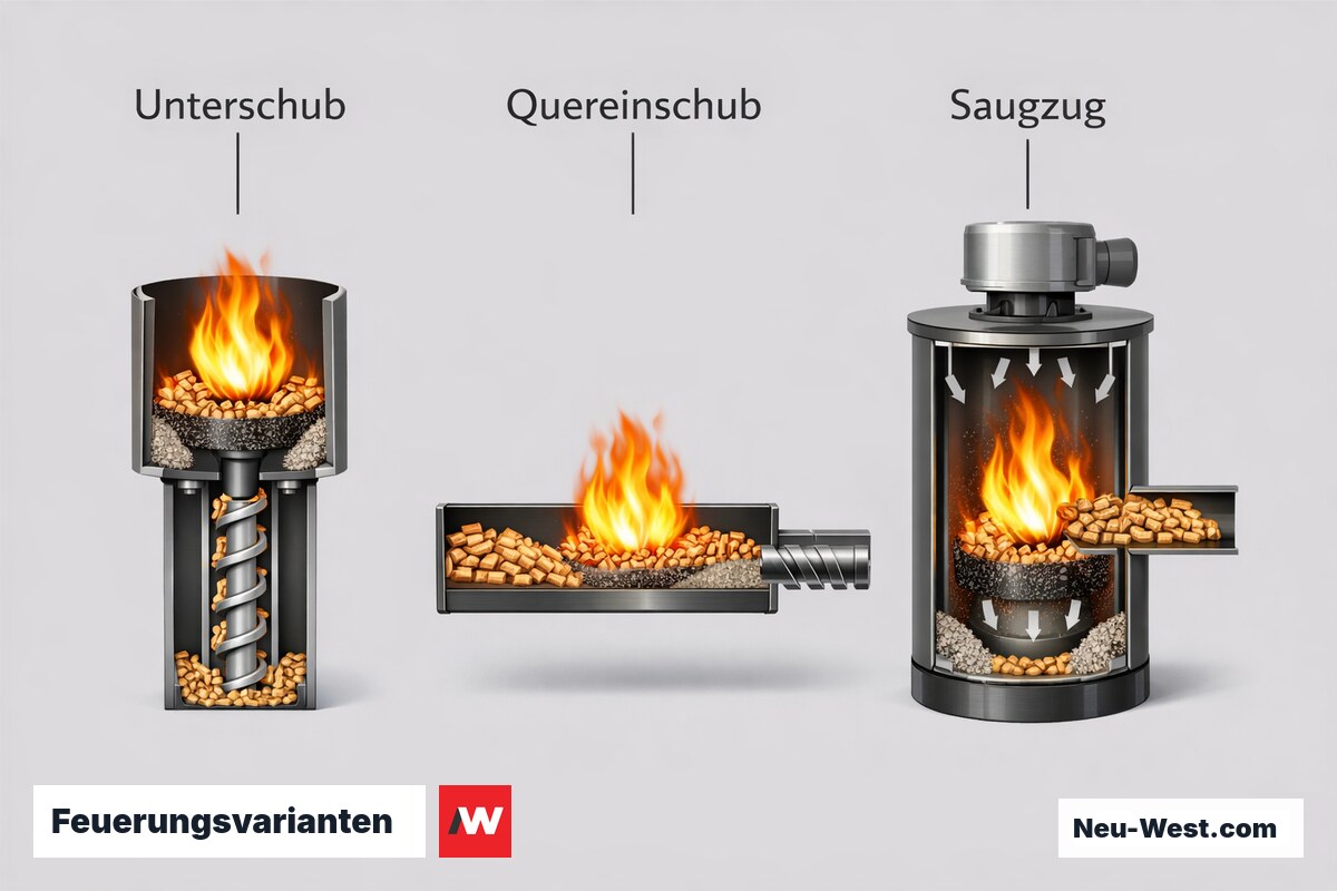 Feuerungsvarianten: Unterschub, Quereinschub, Saugzug — Systemvergleich – Erklär-Grafik (NEUWEST Berlin)