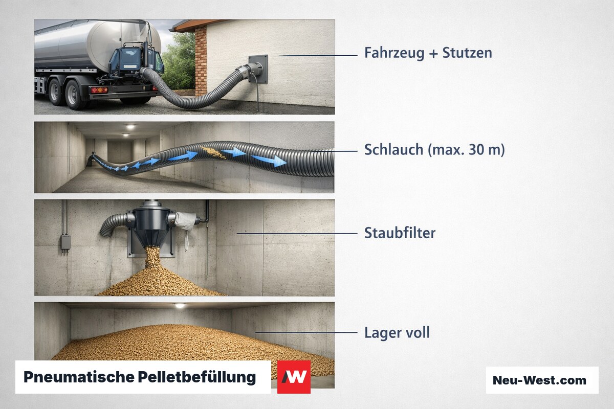 Pneumatische Pelletbefüllung — Einblasvorgang Schritt für Schritt – Erklär-Grafik (NEUWEST Berlin)