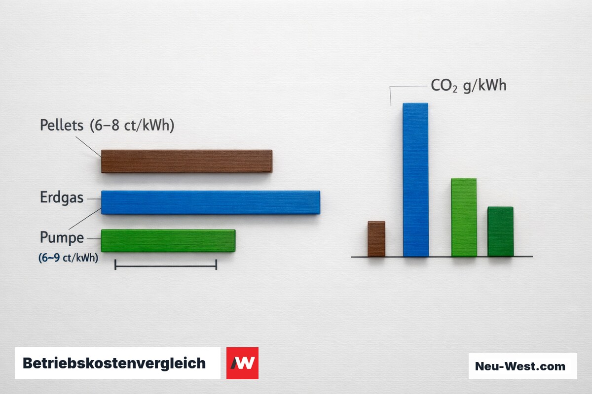 Betriebskostenvergleich: Pellets / Erdgas / Wärmepumpe + CO₂-Bilanz Berlin 2025/26 – Erklär-Grafik (NEUWEST Berlin)