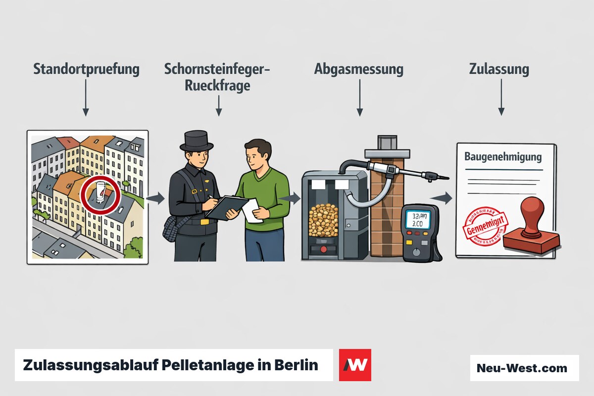 Erklär-Grafik: Vierstufiger Zulassungsablauf einer Pelletanlage in Berlin – Standortprüfung, Rückfrage beim Schornsteinfeger, Abgasmessung und Zulassung.