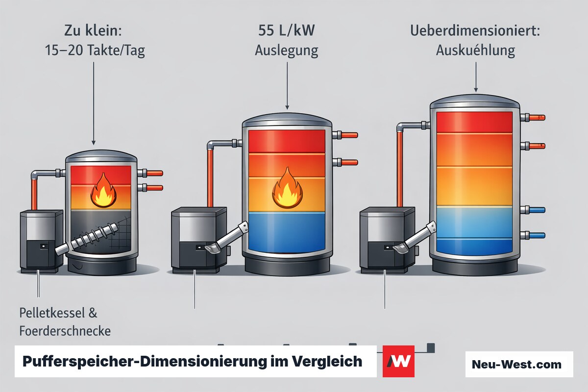 Vergleich dreier Pufferspeicher: zu klein mit hoher Taktzahl, korrekte 55-L/kW-Auslegung und überdimensioniert mit Auskühlung, jeweils am Pelletkessel.